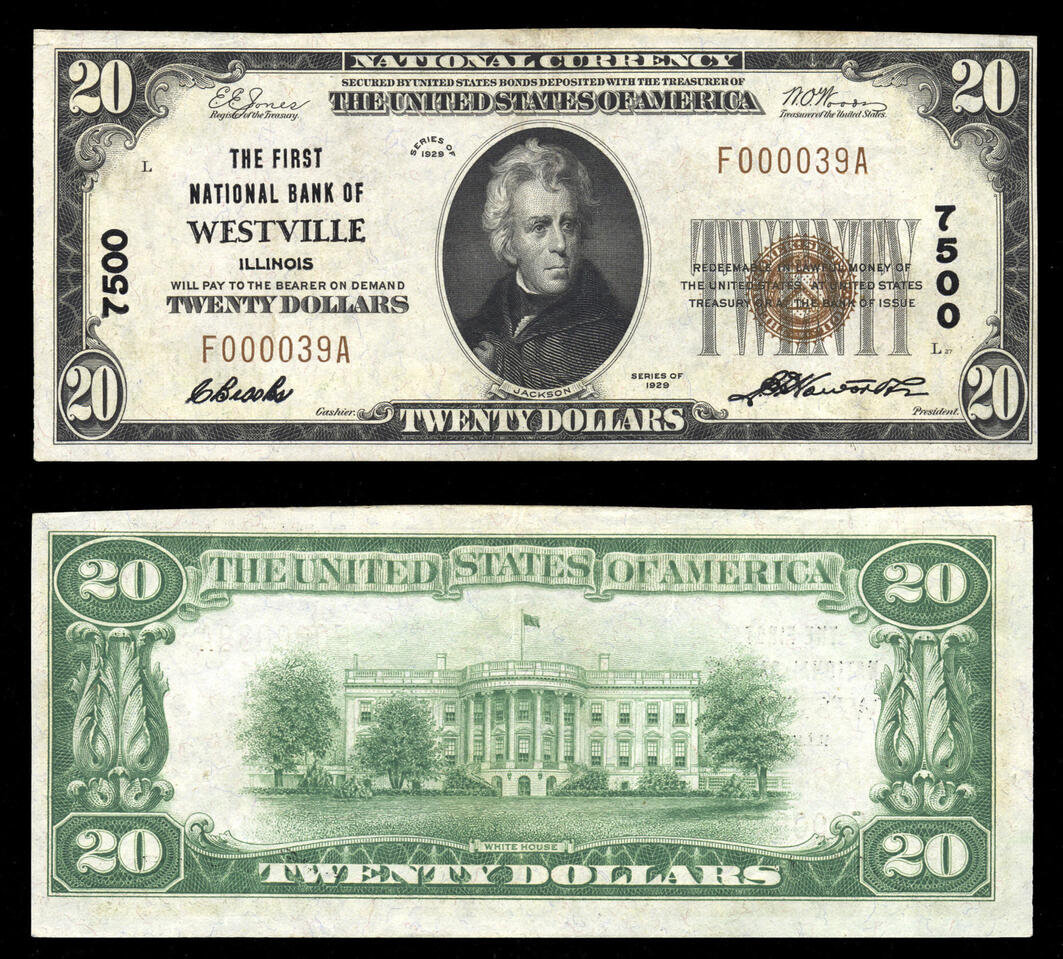 1929 [Type 1] $20 Small Note Serial #: F000039A