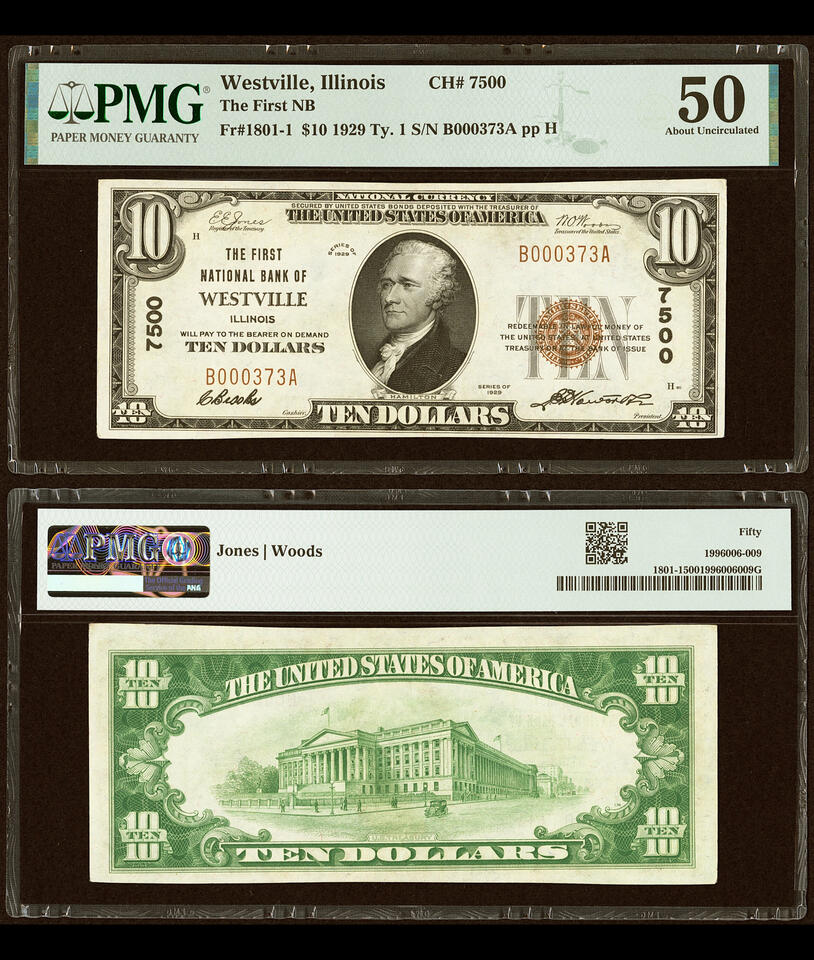 1929 [Type 1] $10 Small Note PMG Graded: 50 Serial #: B000373A