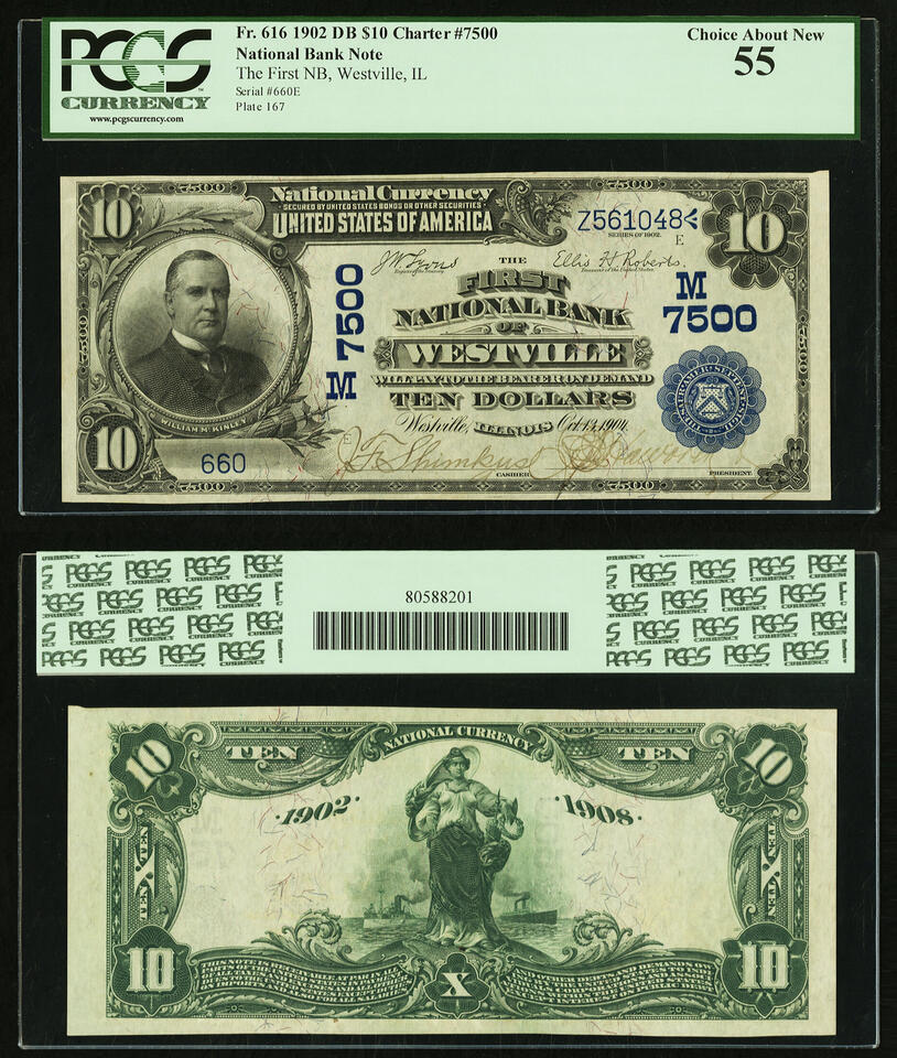 1902 [DB] $10 Large Note PCGS Graded: 55 Serial #: 660